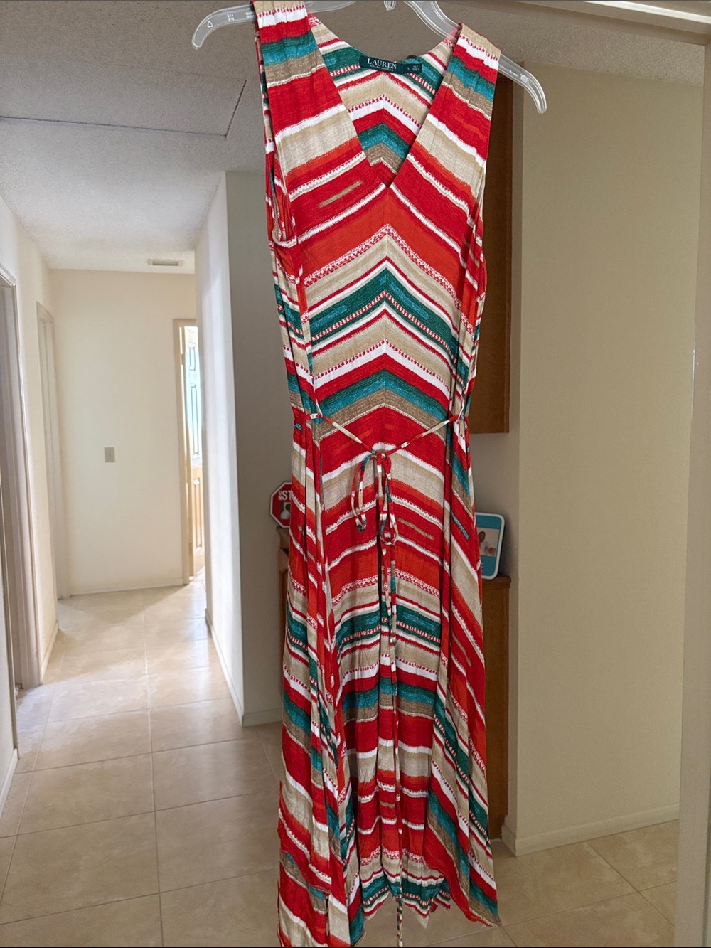 Lauren Ralph Lauren Red and Teal Striped Sleeveless Maxi Dress